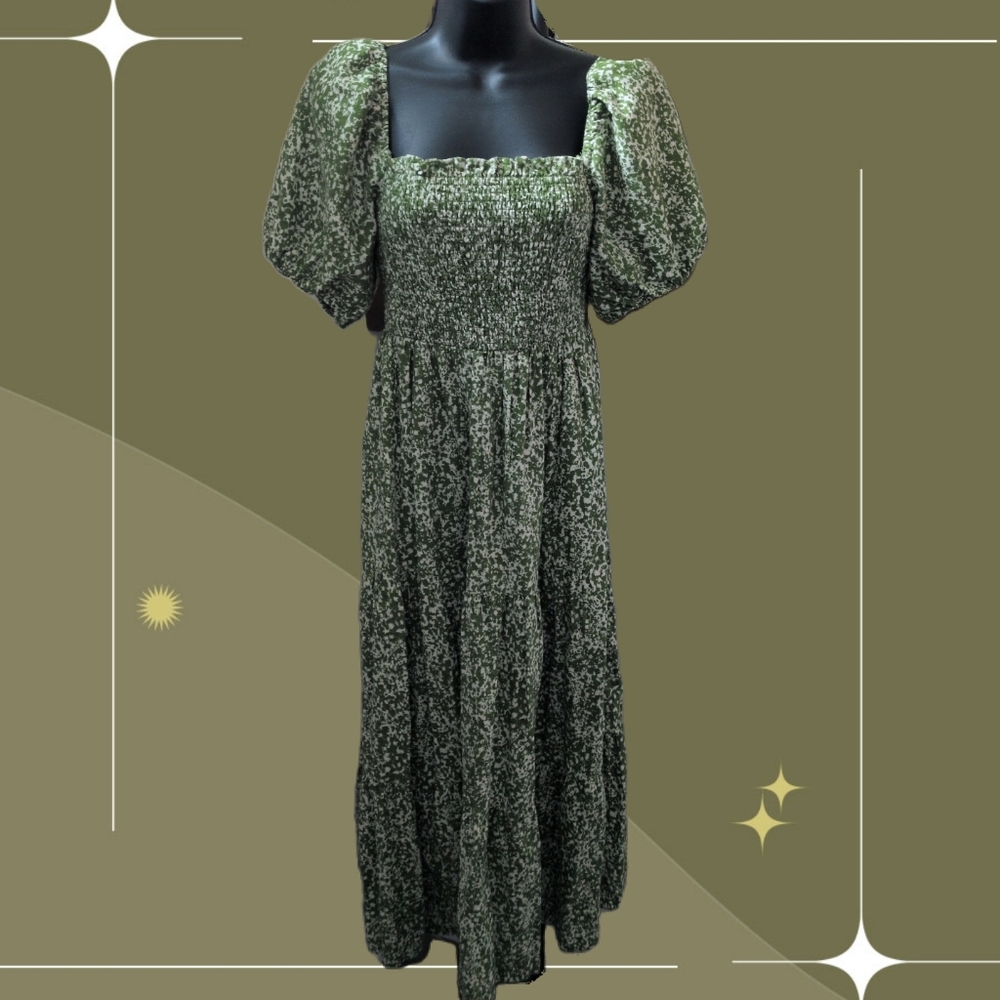 ✨Abercrombie & Fitch smocked bodice linen-blend midi dress Size M